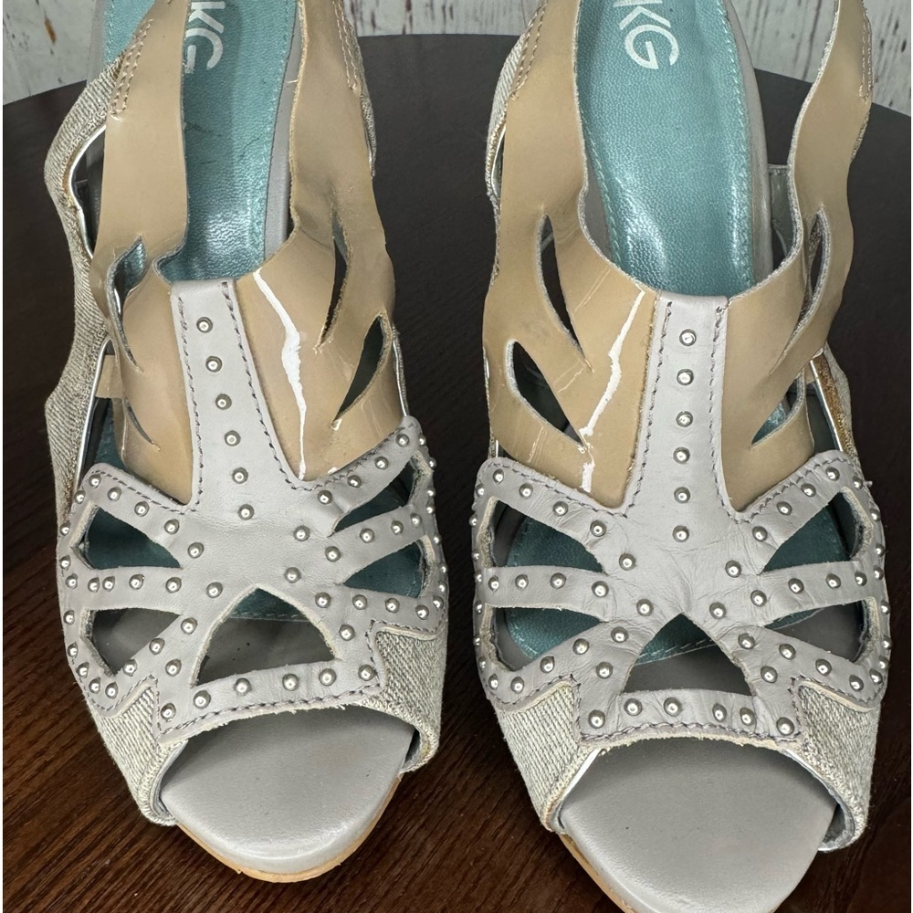 KG KURT GEIGER DENIM, Calf, PATENT Leather Laser Cut Studded heeled Sandals 37 - Picture 2 of 16